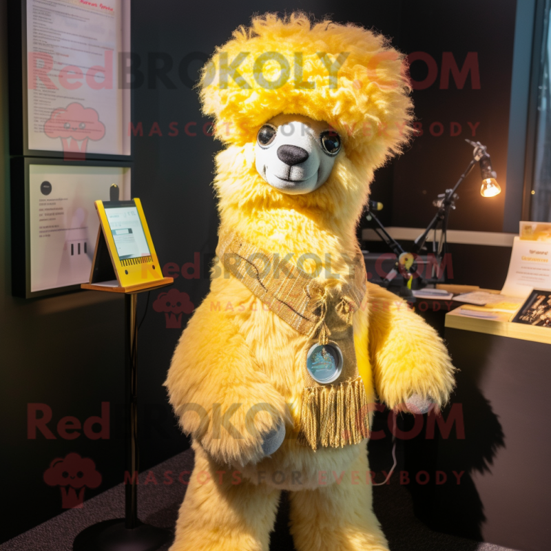 Yellow Alpaca mascot costume character dressed with a Henley Shirt and Scarf clips