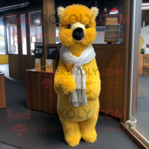 Yellow Alpaca mascot costume character dressed with a Henley Shirt and Scarf clips