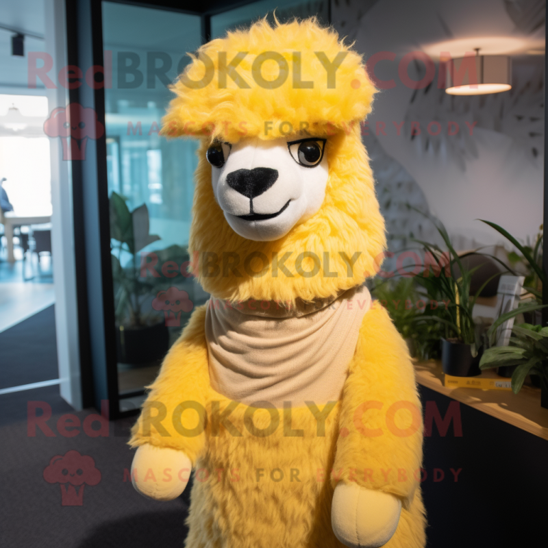 Yellow Alpaca mascot costume character dressed with a Henley Shirt and Scarf clips