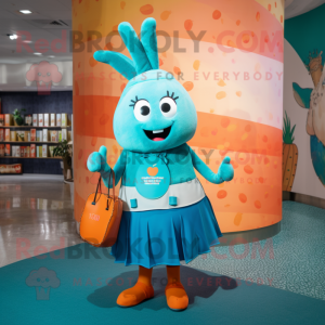 Turquoise Carrot mascot costume character dressed with a Circle Skirt and Handbags