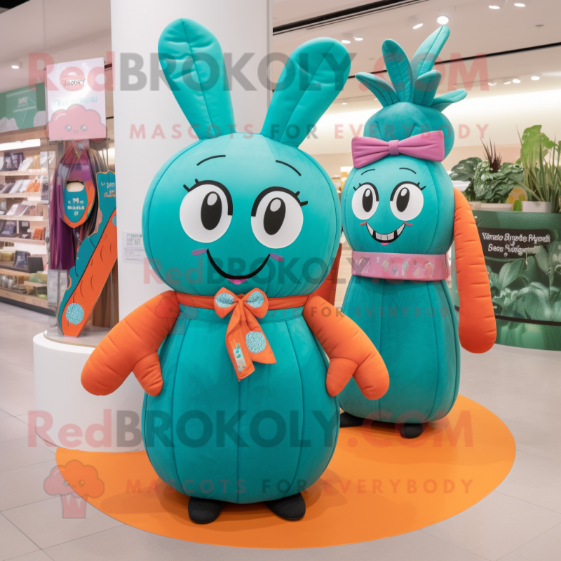 Turquoise Carrot mascot costume character dressed with a Circle Skirt and Handbags Turquoise Carrot mascot costume character dressed with a Circle Skirt and Handbags