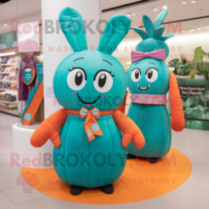 Turquoise Carrot mascot costume character dressed with a Circle Skirt and Handbags