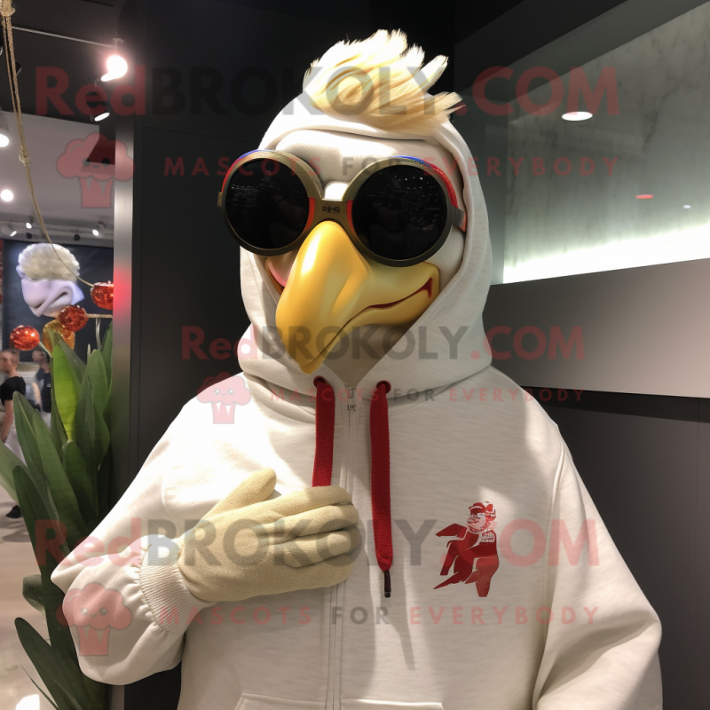 Cream Rooster mascot costume character dressed with a Sweatshirt and Sunglasses Cream Rooster mascot costume character dressed with a Sweatshirt and Sunglasses