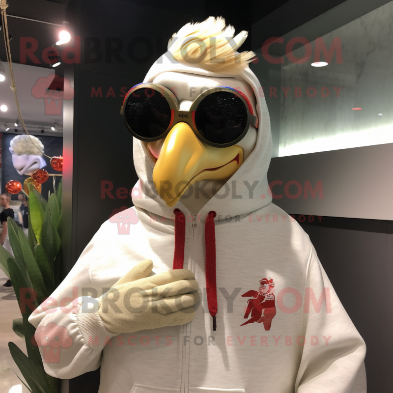 Cream Rooster mascot costume character dressed with a Sweatshirt and Sunglasses