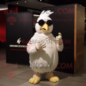 Cream Rooster mascot costume character dressed with a Sweatshirt and Sunglasses