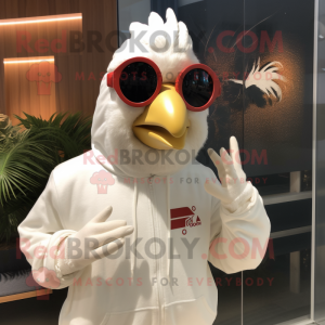 Cream Rooster mascot costume character dressed with a Sweatshirt and Sunglasses