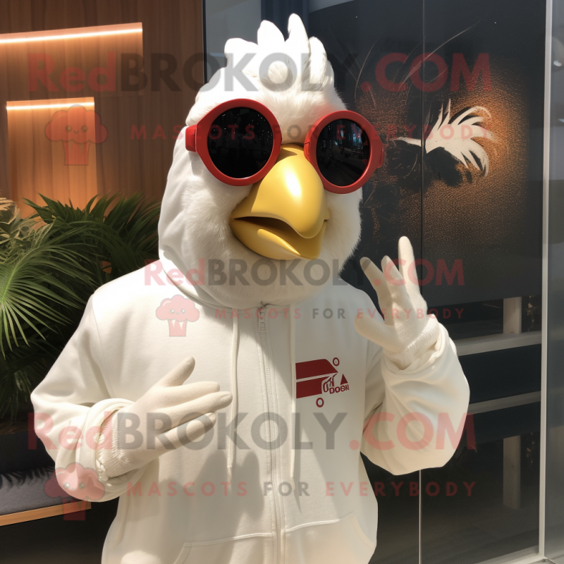 Cream Rooster mascot costume character dressed with a Sweatshirt and Sunglasses Cream Rooster mascot costume character dressed with a Sweatshirt and Sunglasses