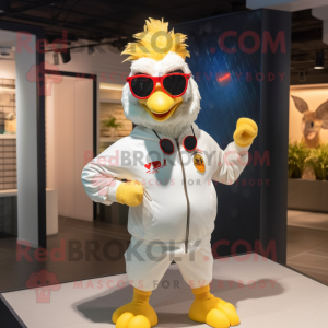 Cream Rooster mascot costume character dressed with a Sweatshirt and Sunglasses