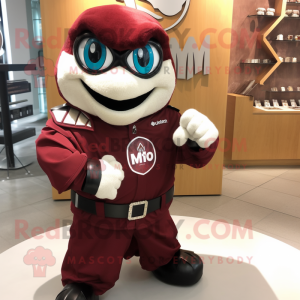 Maroon Engagement Ring mascot costume character dressed with a Moto Jacket and Rings