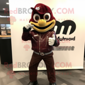 Maroon Engagement Ring mascot costume character dressed with a Moto Jacket and Rings