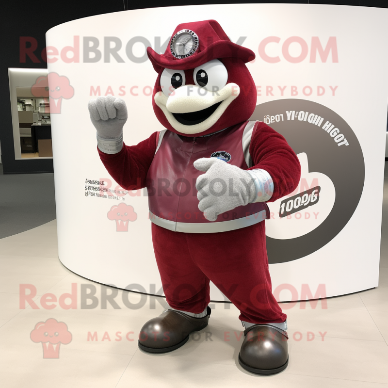 Maroon Engagement Ring mascot costume character dressed with a Moto Jacket and Rings Maroon Engagement Ring mascot costume character dressed with a Moto Jacket and Rings