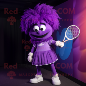Purple Tennis Racket mascot costume character dressed with a Culottes and Mittens