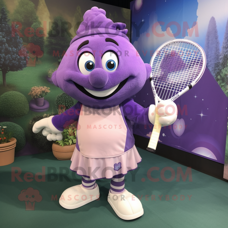 Purple Tennis Racket mascot costume character dressed with a Culottes and Mittens Purple Tennis Racket mascot costume character dressed with a Culottes and Mittens