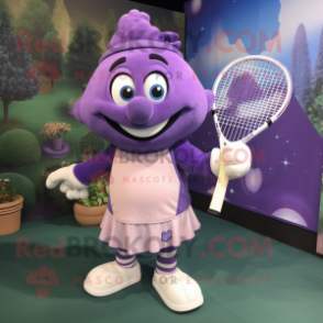 Purple Tennis Racket mascot costume character dressed with a Culottes and Mittens