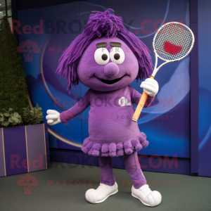 Purple Tennis Racket mascot costume character dressed with a Culottes and Mittens