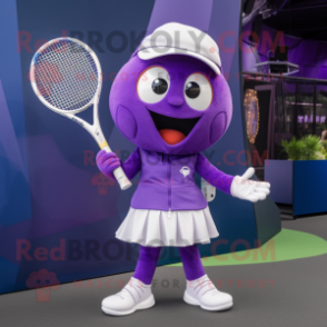 Purple Tennis Racket mascot costume character dressed with a Culottes and Mittens
