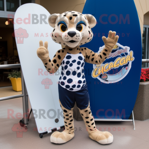 Navy Cheetah mascot costume character dressed with a Board Shorts and Shoe clips