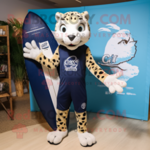 Navy Cheetah mascot costume character dressed with a Board Shorts and Shoe clips