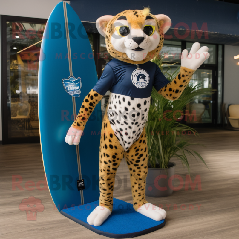 Navy Cheetah mascot costume character dressed with a Board Shorts and Shoe clips