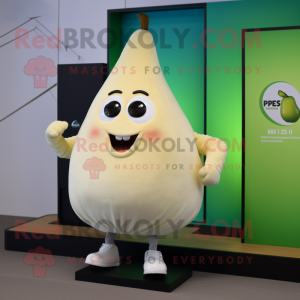 Cream Pear mascot costume character dressed with a Running Shorts and Rings