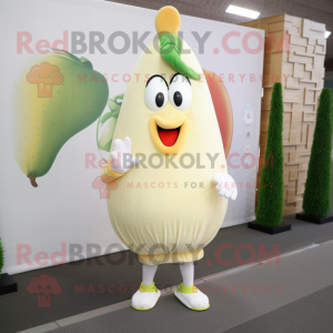 Cream Pear mascot costume character dressed with a Running Shorts and Rings