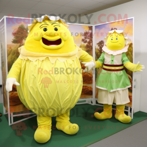 Yellow Corned Beef And Cabbage mascot costume character dressed with a Blouse and Rings