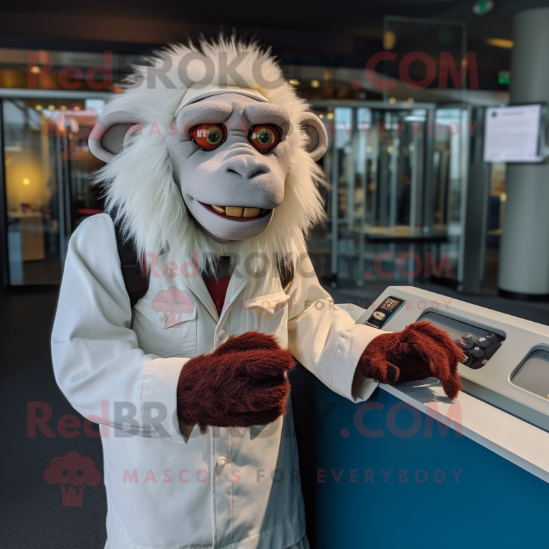 White Baboon mascot costume character dressed with a Button-Up Shirt and Mittens