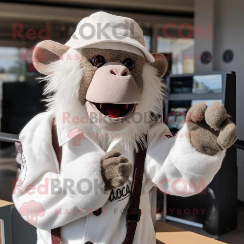 White Baboon mascot costume character dressed with a Button-Up Shirt and Mittens White Baboon mascot costume character dressed with a Button-Up Shirt and Mittens