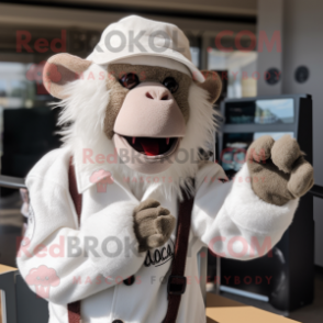 White Baboon mascot costume character dressed with a Button-Up Shirt and Mittens