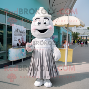 Silver Ice Cream mascot costume character dressed with a Maxi Skirt and Tie pins