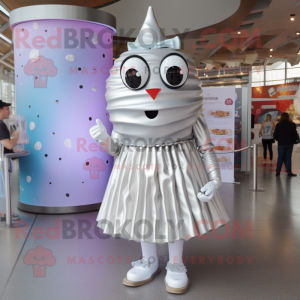 Silver Ice Cream mascot costume character dressed with a Maxi Skirt and Tie pins