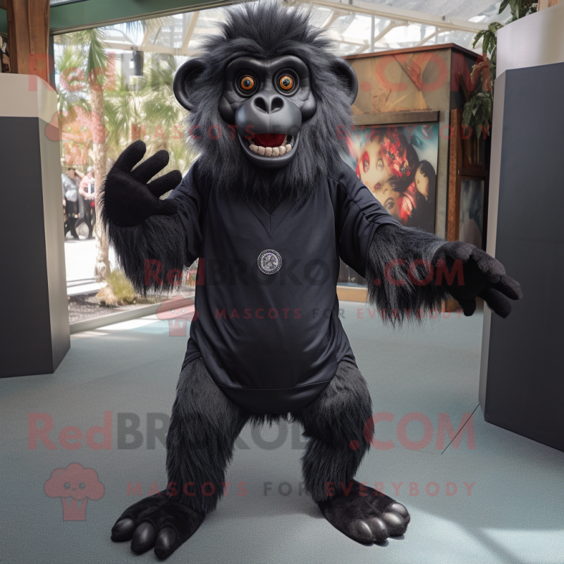 Black Baboon mascot costume character dressed with a V-Neck Tee and Foot pads Black Baboon mascot costume character dressed with a V-Neck Tee and Foot pads
