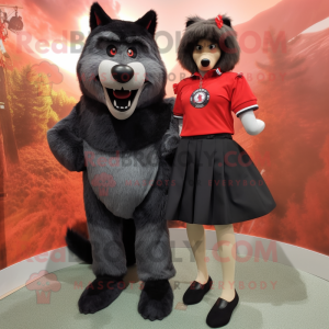 Black Wolf mascot costume character dressed with a Pencil Skirt and Shoe clips