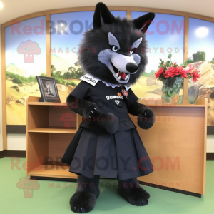 Black Wolf mascot costume character dressed with a Pencil Skirt and Shoe clips
