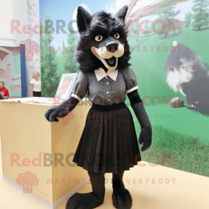 Black Wolf mascot costume character dressed with a Pencil Skirt and Shoe clips