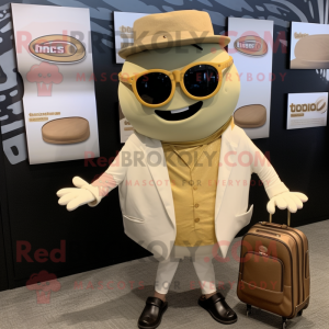 Gold Clam Chowder mascot costume character dressed with a Cardigan and Briefcases