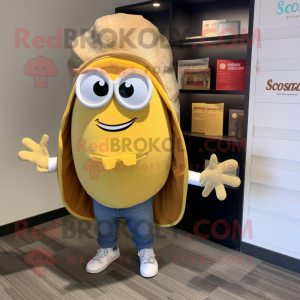 Gold Clam Chowder mascot costume character dressed with a Cardigan and Briefcases