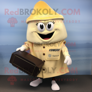 Gold Clam Chowder mascot costume character dressed with a Cardigan and Briefcases