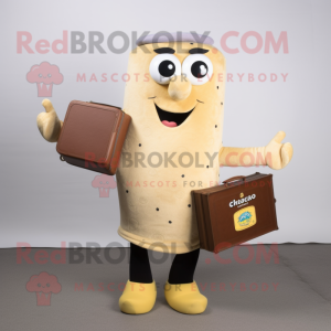 Gold Clam Chowder mascot costume character dressed with a Cardigan and Briefcases
