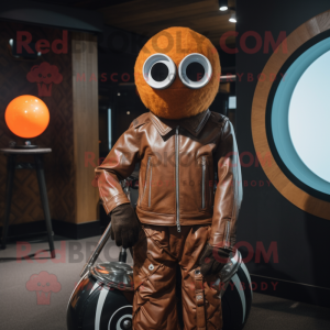 Rust Golf Ball mascot costume character dressed with a Moto Jacket and Rings