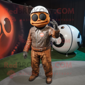 Rust Golf Ball mascot costume character dressed with a Moto Jacket and Rings