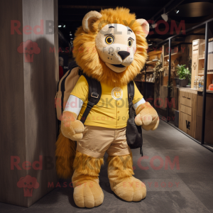 Gold Lion mascot costume character dressed with a Dungarees and Backpacks