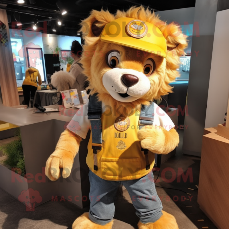 Gold Lion mascot costume character dressed with a Dungarees and Backpacks