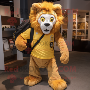 Gold Lion mascot costume character dressed with a Dungarees and Backpacks