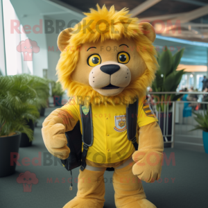 Gold Lion mascot costume character dressed with a Dungarees and Backpacks