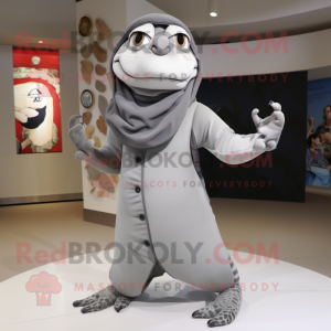 Gray Snake mascot costume character dressed with a Parka and Shawls