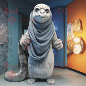 Gray Snake mascot costume character dressed with a Parka and Shawls