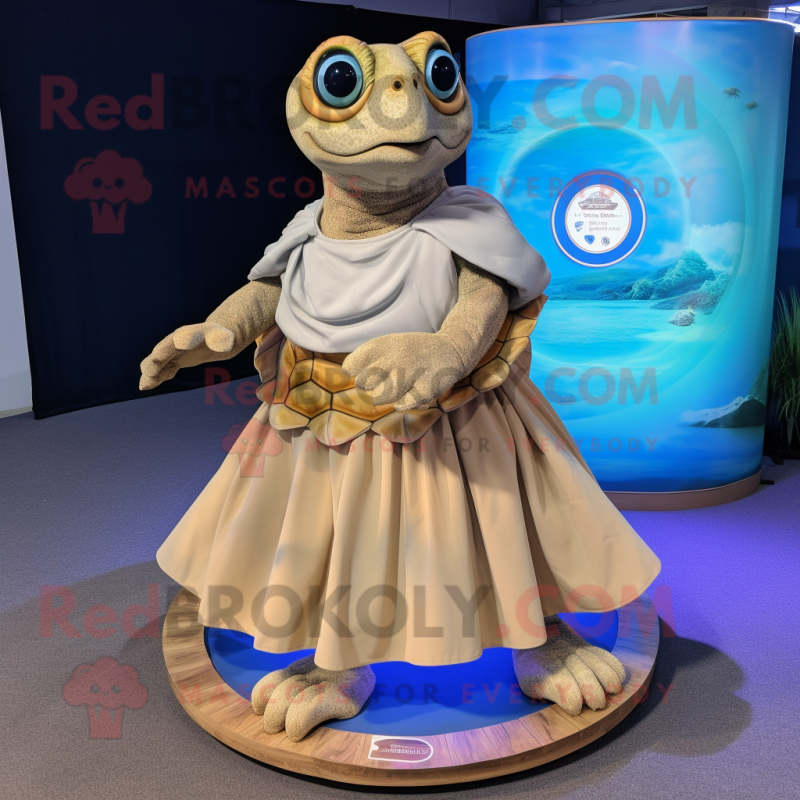 Tan Sea Turtle mascot costume character dressed with a Circle Skirt and Watches Tan Sea Turtle mascot costume character dressed with a Circle Skirt and Watches