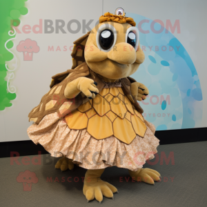 Tan Sea Turtle mascot costume character dressed with a Circle Skirt and Watches