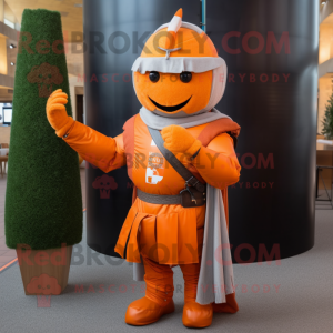 Orange Medieval Knight mascot costume character dressed with a Chinos and Scarf clips